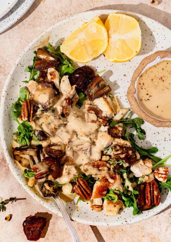Easy Caramelized Chicken & Date Salad with Tahini Dressing