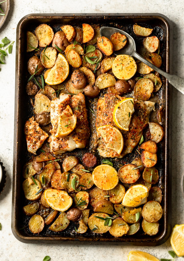 Lemon Roasted Halibut & Potatoes with Herby Tahini Cream